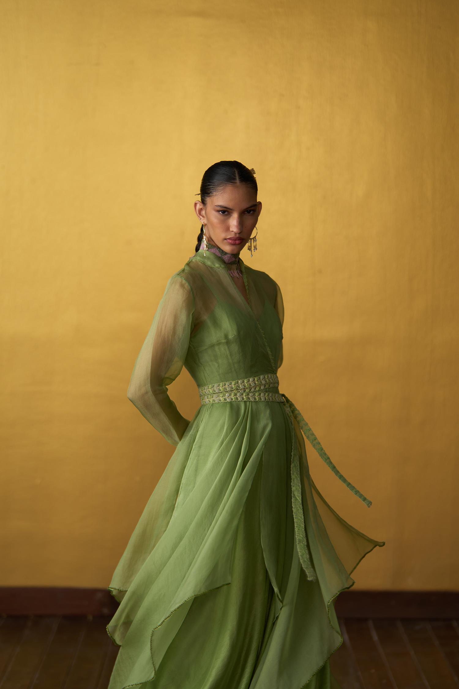 Yuna Pistachio Green Panelled Dress with Overlay