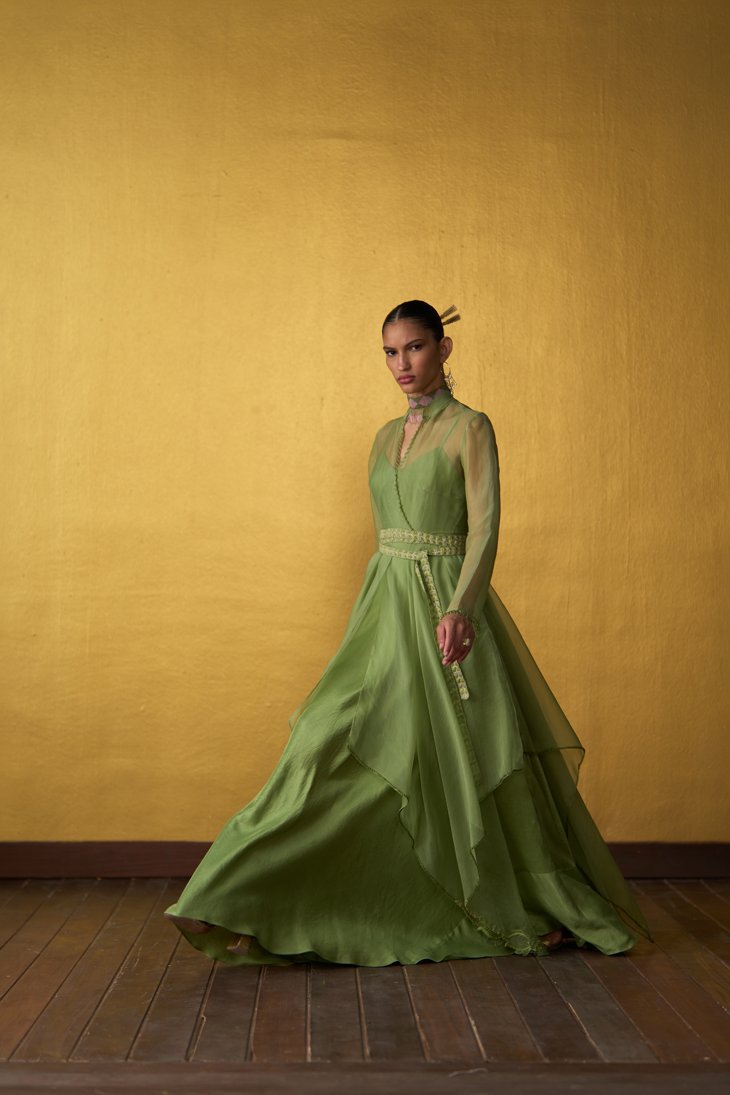 Yuna Pistachio Green Panelled Dress with Overlay