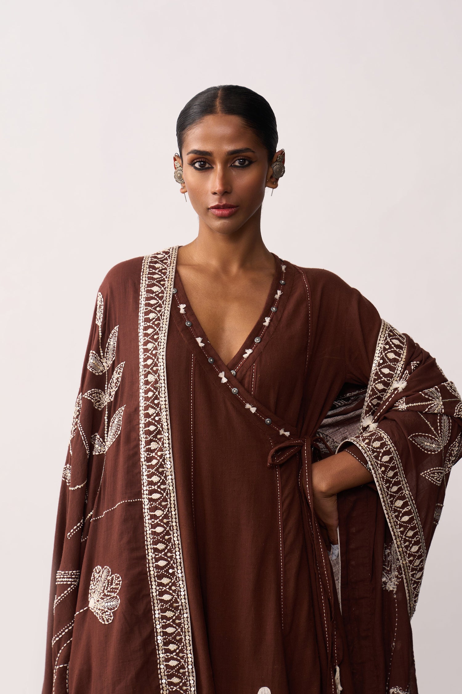 'Rani Laxmi' Brown Hand-spun Embroidered Dupatta