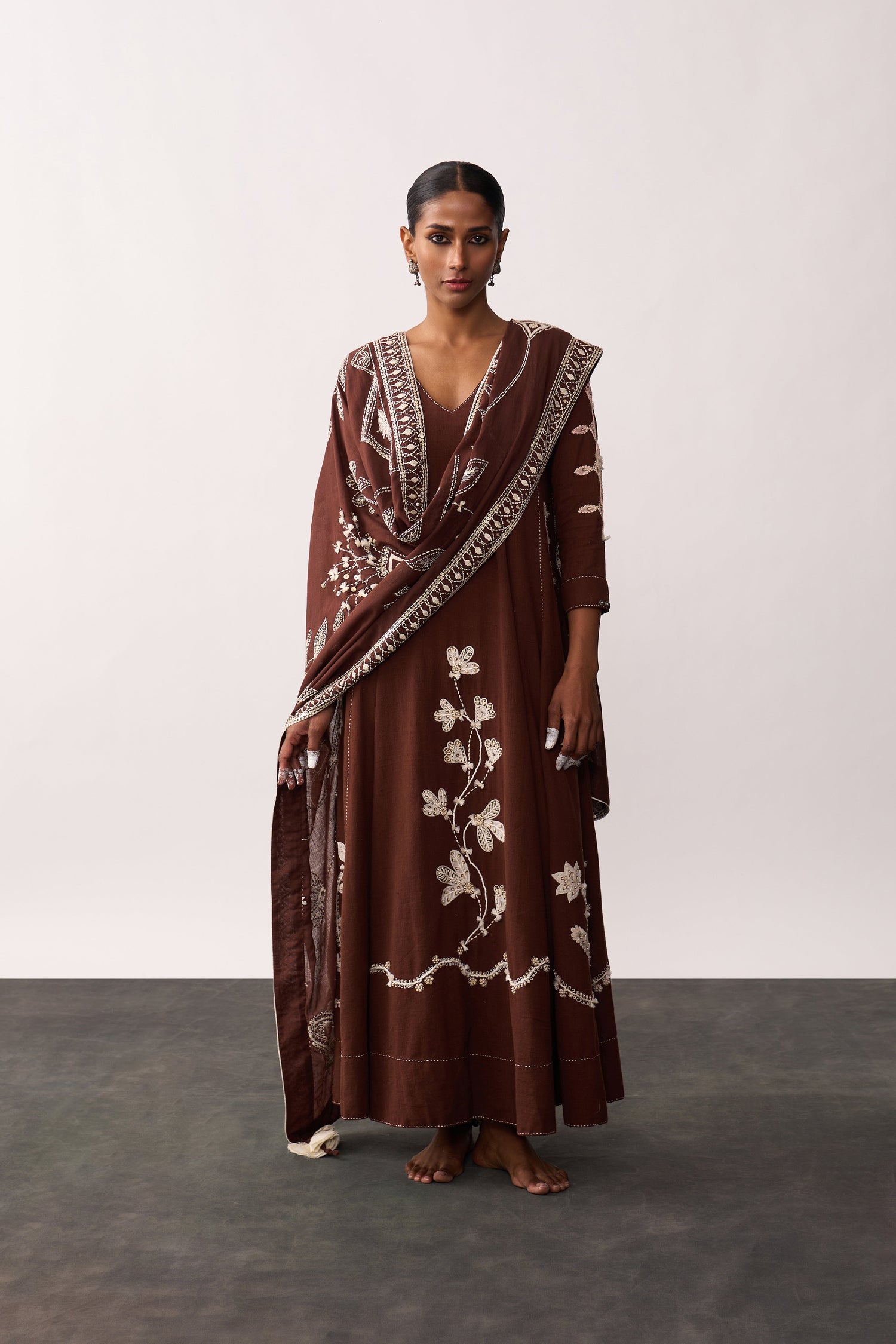 'Rani Laxmi' Brown Hand-spun Embroidered Dupatta