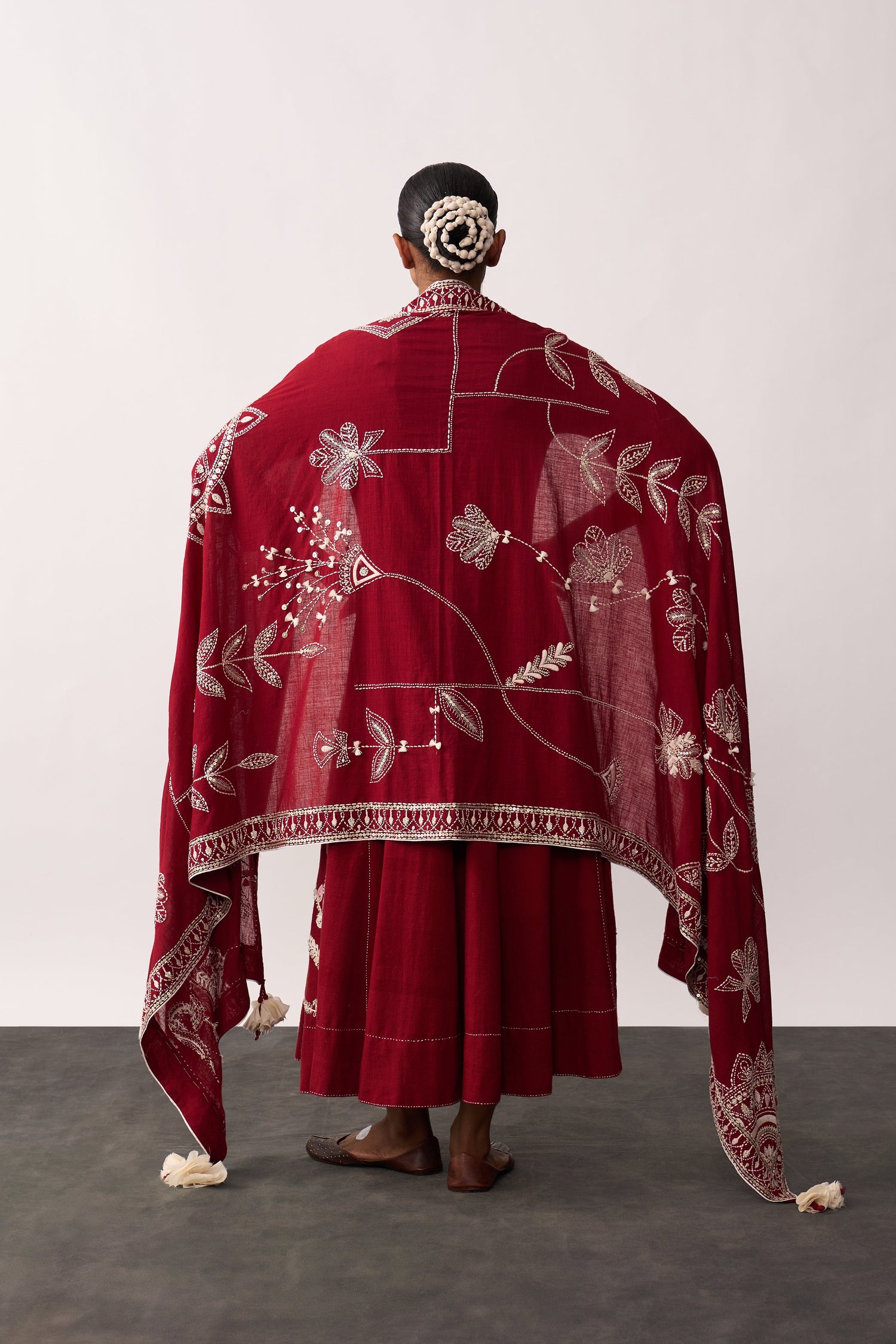 'Rani Laxmi' Red Hand-spun Embroidered Dupatta