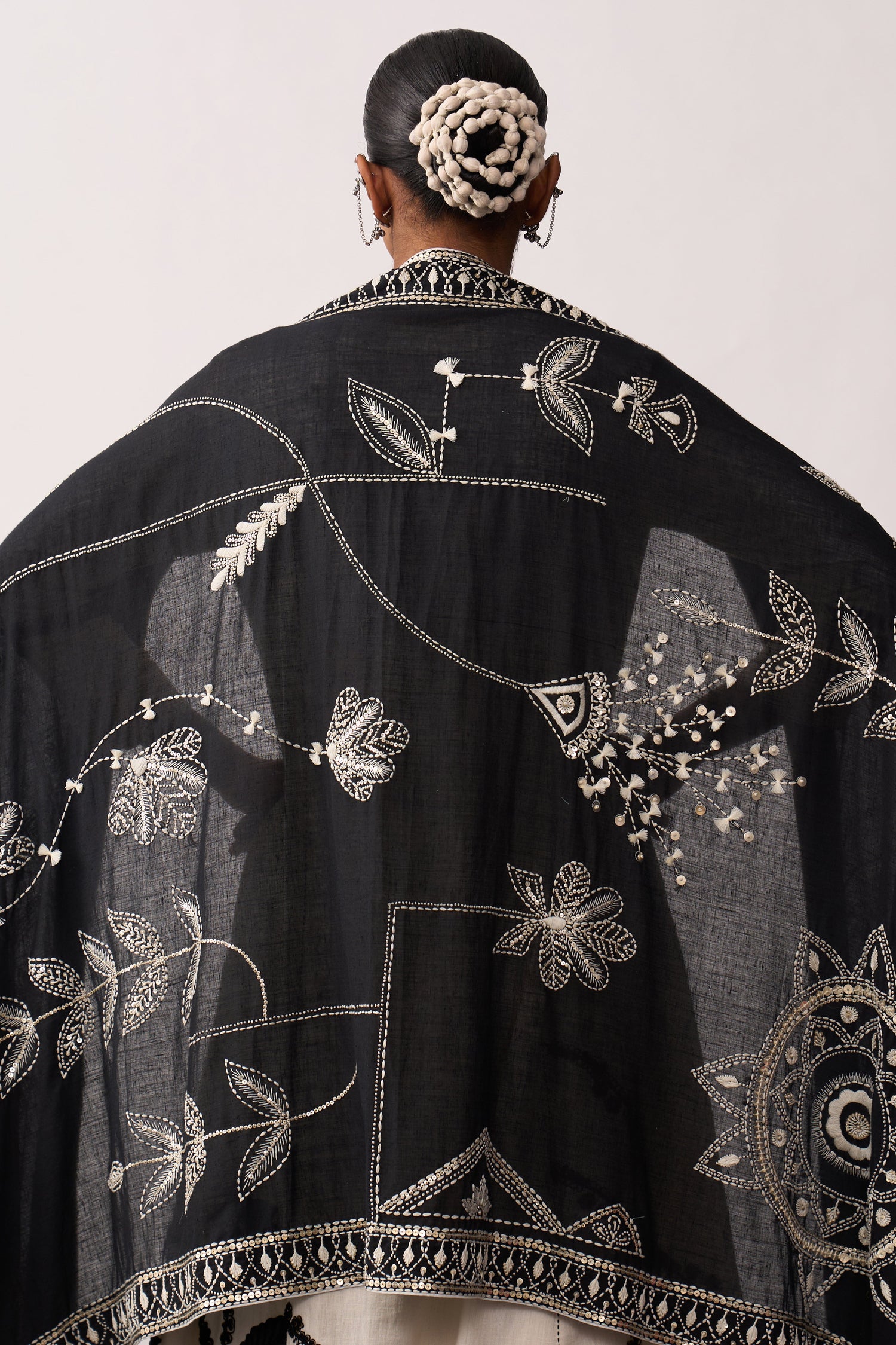 'Rani Laxmi' Black Hand-spun Embroidered Dupatta