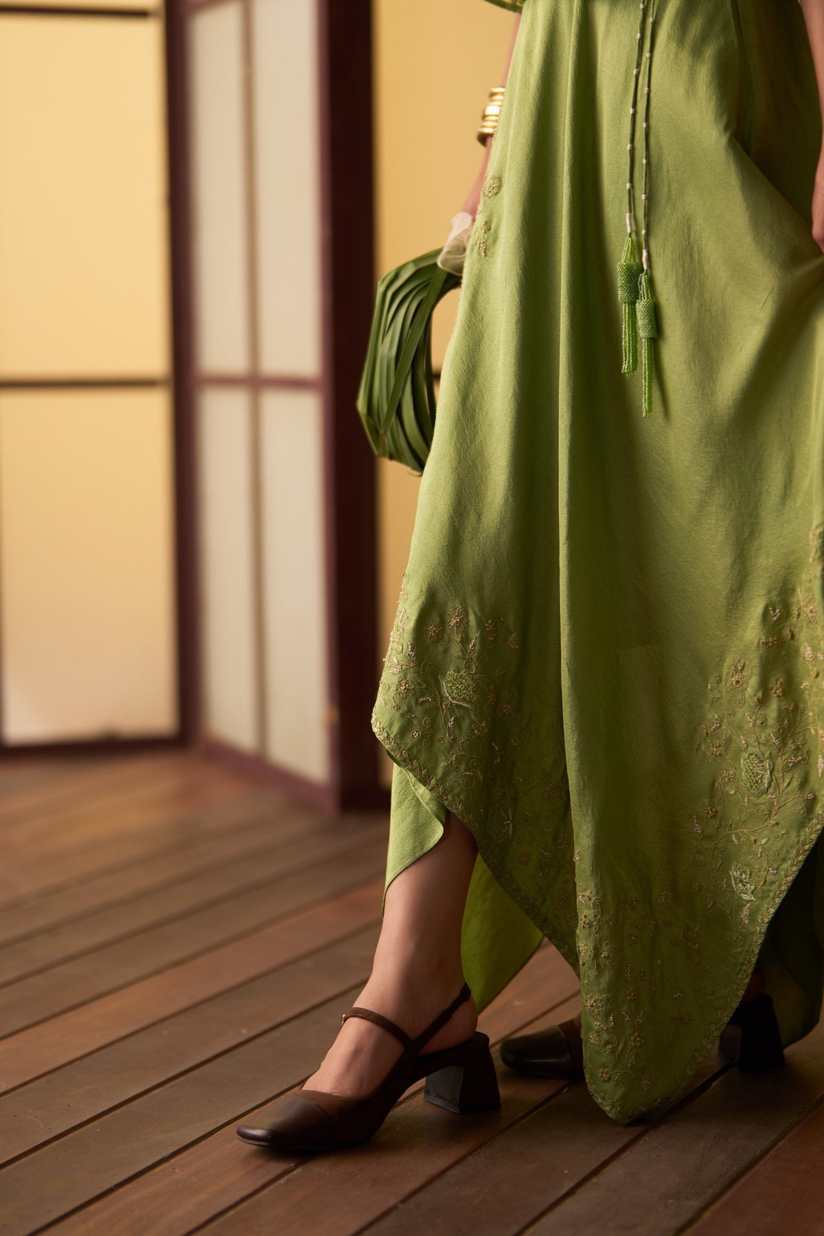 Ayana Pistachio Green Panelled Skirt with Angrakha