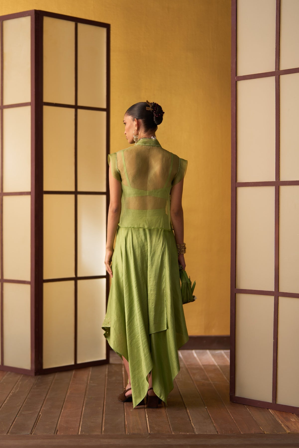 Ayana Pistachio Green Panelled Skirt with Angrakha