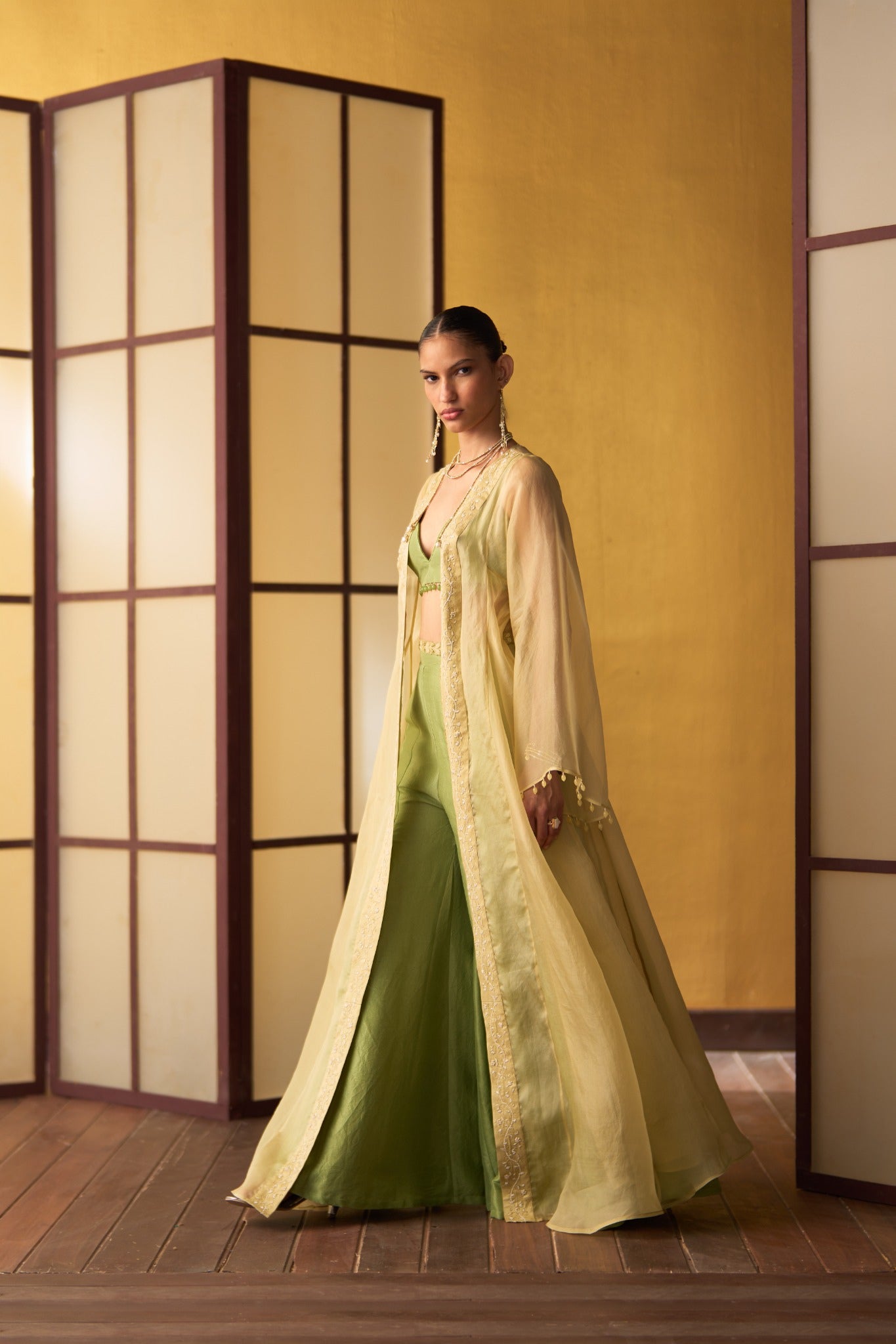Sora Pistachio Green & Butter Yellow Flared Pant Set with Blouse & Overlay