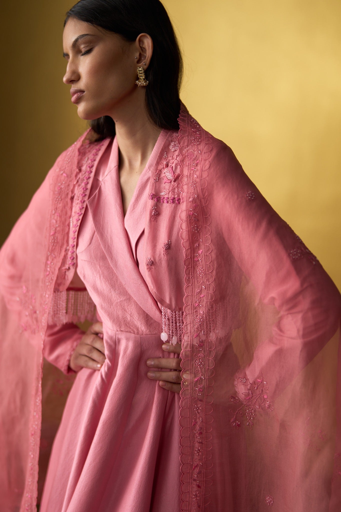 Misaki Rose Pink Kori Dupatta with dori and beadwork