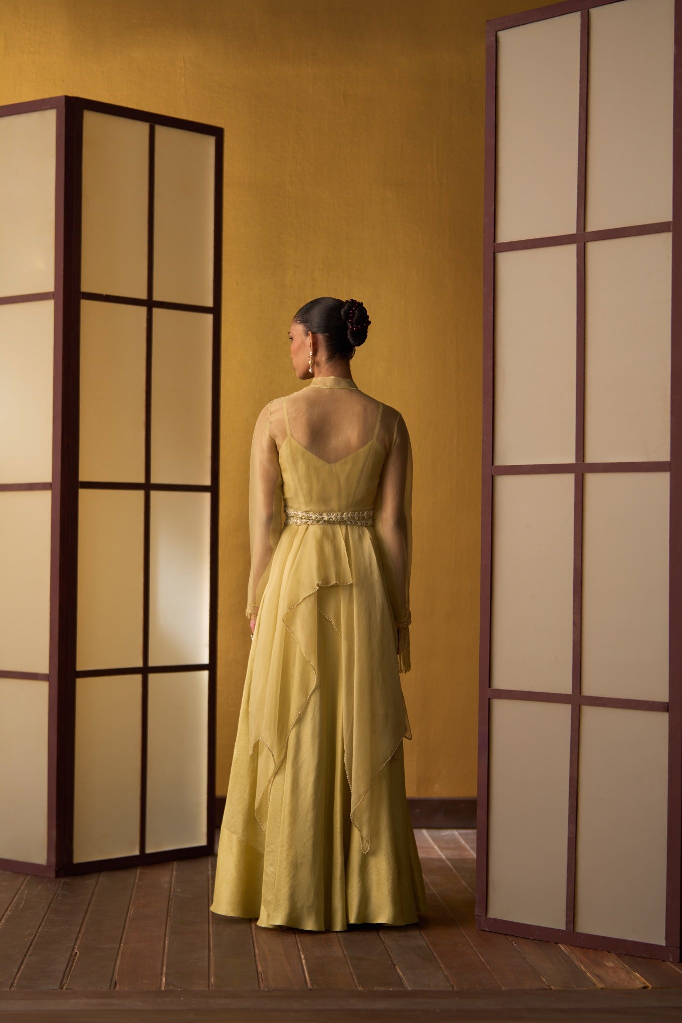 Yuna Butter Yellow Panelled Dress with Overlay