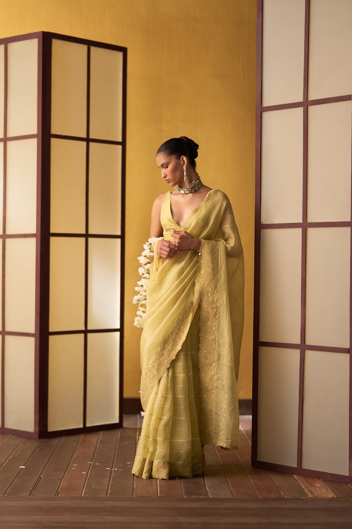 Risa Butter Yellow Kora & Dupion Silk Saree
