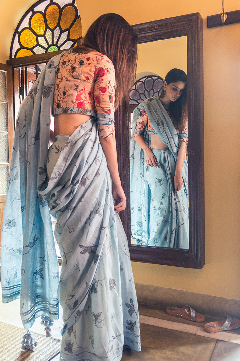 Spring Powder Grey Blue Linen Handloom Sari