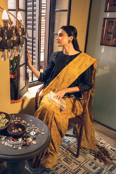 Magnolia Mustard Linen Handloom Sari