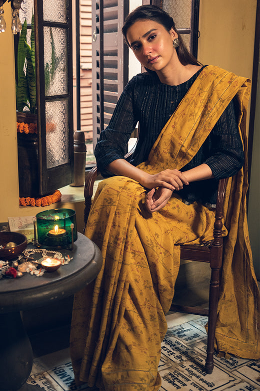 Magnolia Mustard Linen Handloom Sari