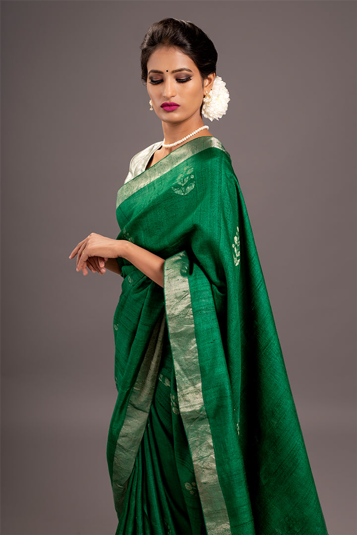 Forest Green Zari Jamdani Pure Tussar Handloom Sari
