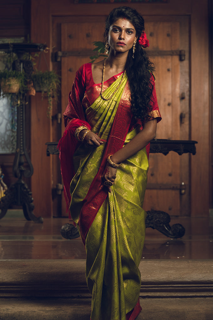 Pure Gold Pista Green Sari Pure Silk Kanjivaram Handloom Saree