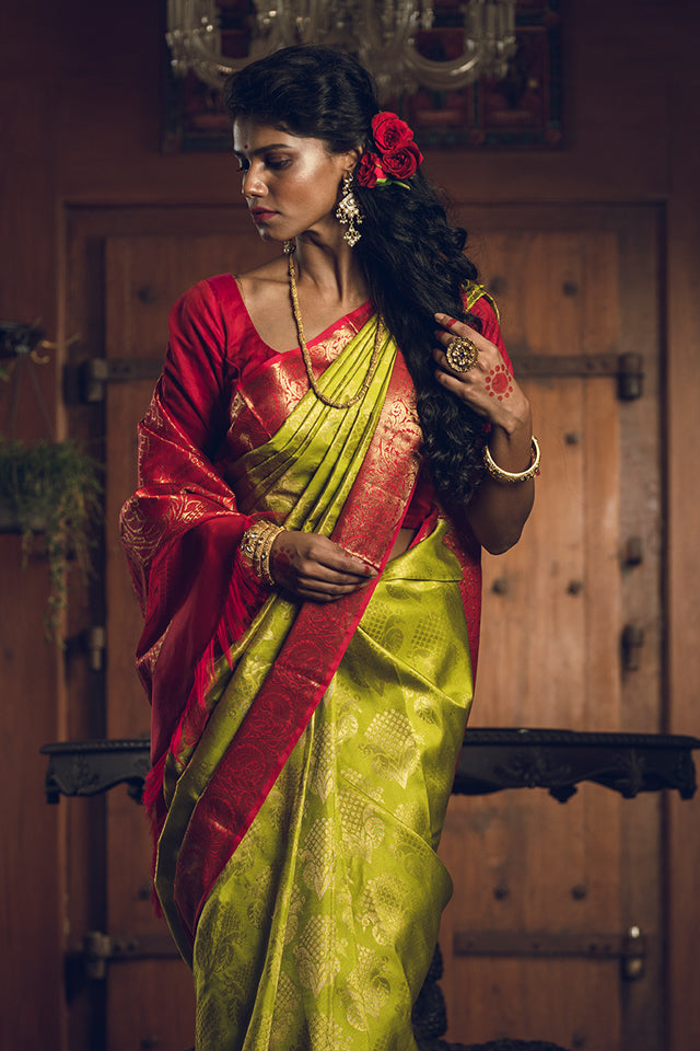 Pure Gold Pista Green Sari Pure Silk Kanjivaram Handloom Saree