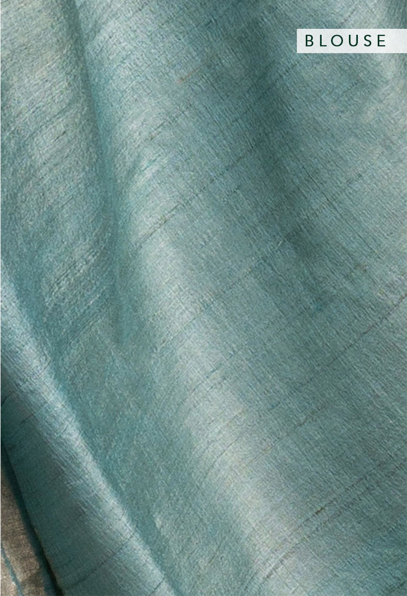 Ice Blue Zari Jamdani Pure Tussar Handloom Sari