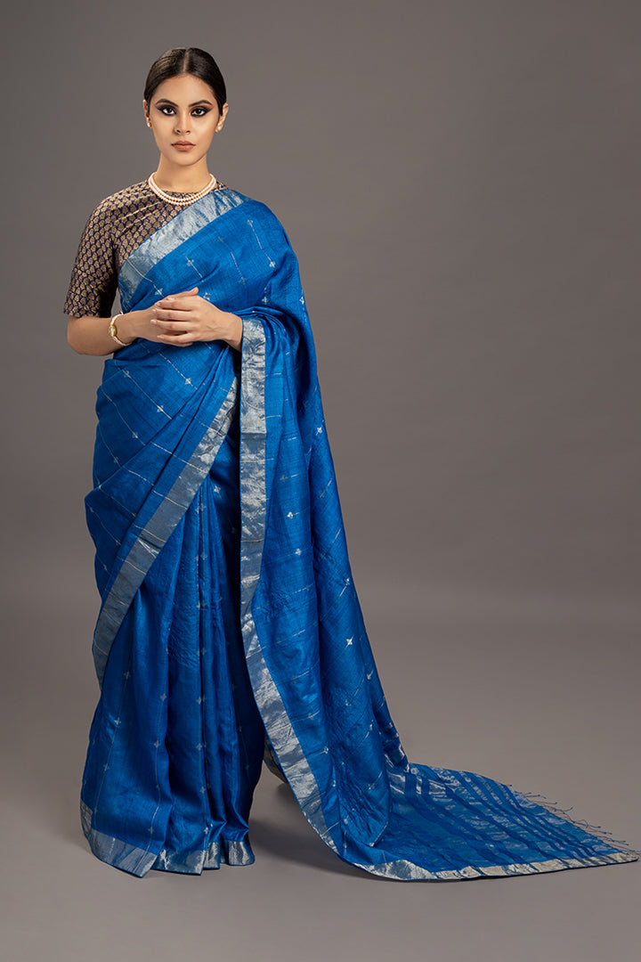 Peacock Blue Zari Jamdani Pure Tussar Handloom Sari