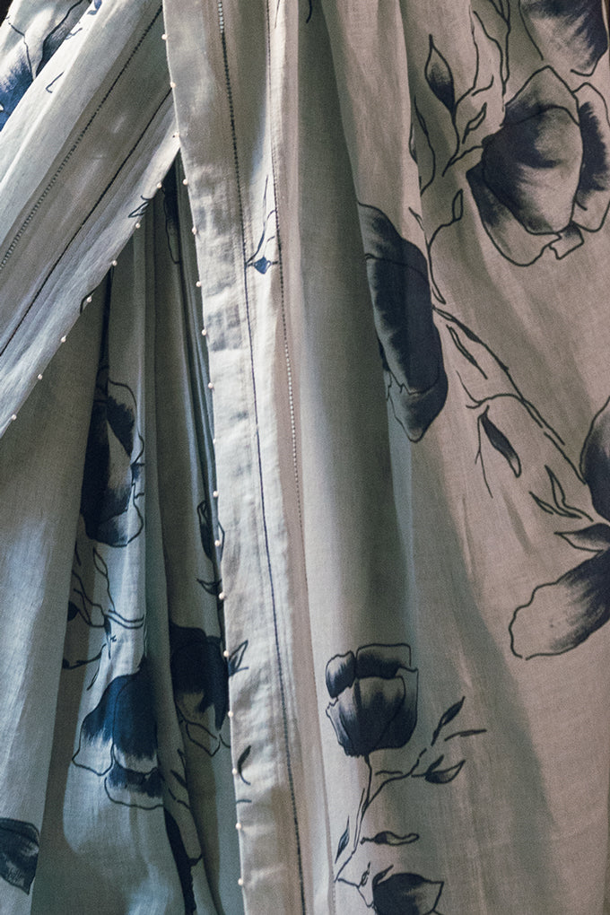 Indigo Poppy Flower Linen Handloom sari