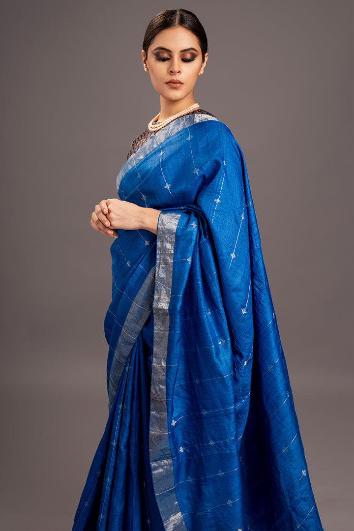 Peacock Blue Zari Jamdani Pure Tussar Handloom Sari