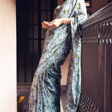Aqua and Ochre Pattern Linen Handloom Sari