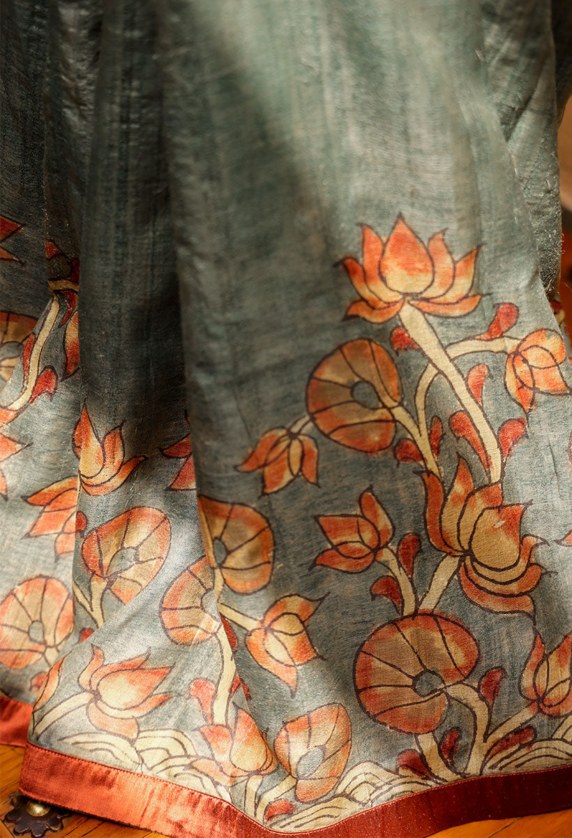 Water Lily Pure Tussar Kalamkari Handloom Sari