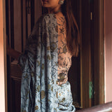 Aqua and Ochre Pattern Linen Handloom Sari