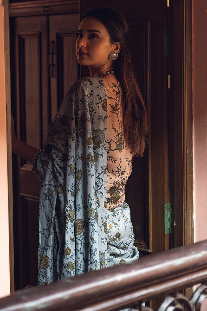 Aqua and Ochre Pattern Linen Handloom Sari