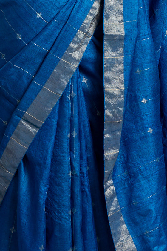 Peacock Blue Zari Jamdani Pure Tussar Handloom Sari