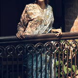 Aqua and Ochre Pattern Linen Handloom Sari