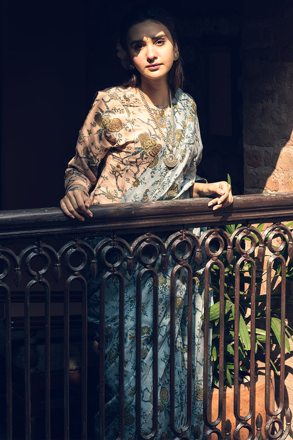 Aqua and Ochre Pattern Linen Handloom Sari