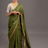 Olive Green Zari Jamdani Tussar Khadi Handloom Sari
