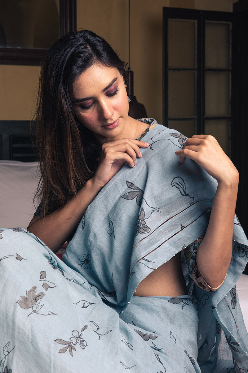 Spring Powder Grey Blue Linen Handloom Sari
