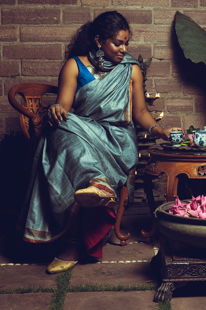 Sea Blue Handpainted Pure Kosa Handloom Sari