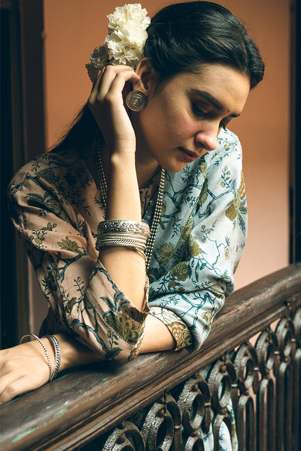 Aqua and Ochre Pattern Linen Handloom Sari