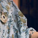 Aqua and Ochre Pattern Linen Handloom Sari