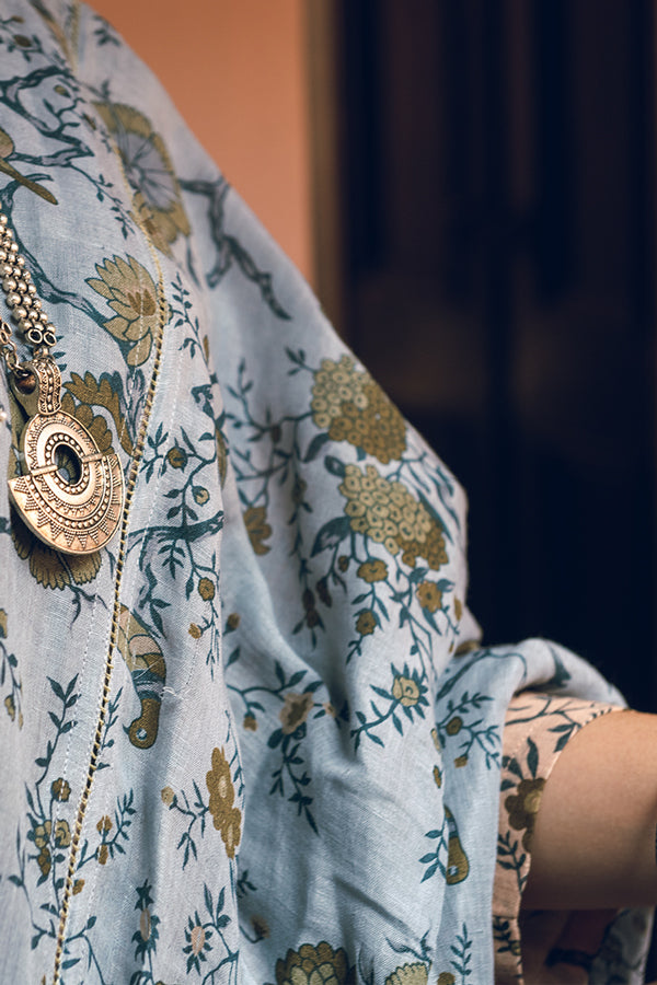 Aqua and Ochre Pattern Linen Handloom Sari