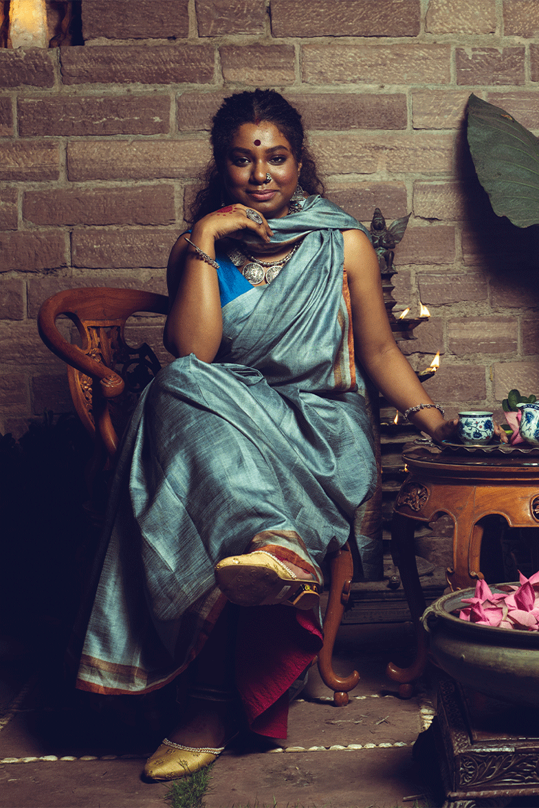 Sea Blue Handpainted Pure Kosa Handloom Sari