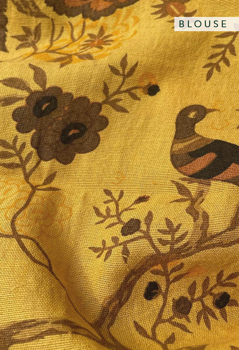 Forest Pattern Mustard Linen Handloom Sari