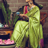 Lime Handpainted Pure Kosa Handloom Sari