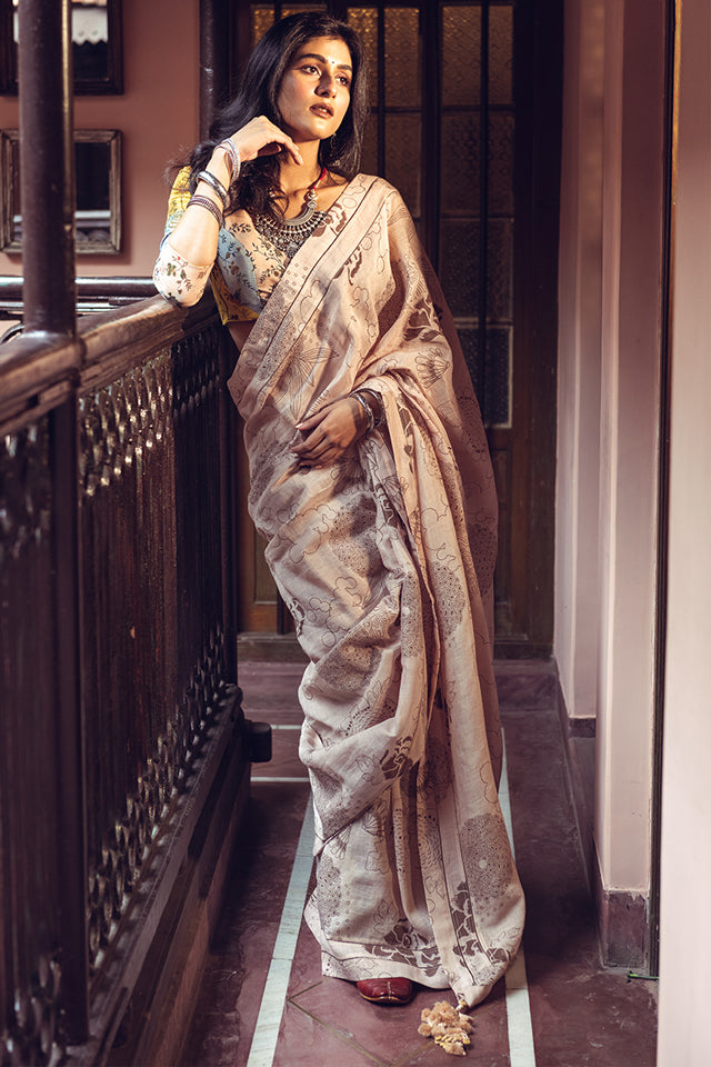 Brown Dhalia Linen Handloom Sari