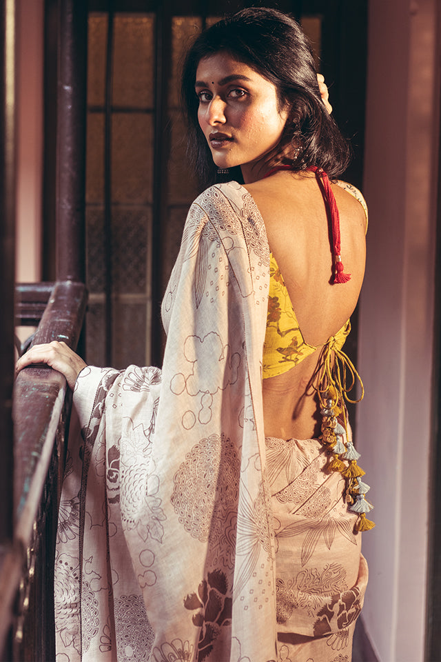 Brown Dhalia Linen Handloom Sari