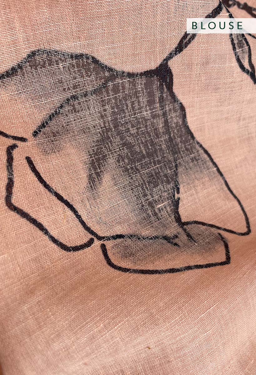 Grey Poppy on Peach Linen Handloom Sari