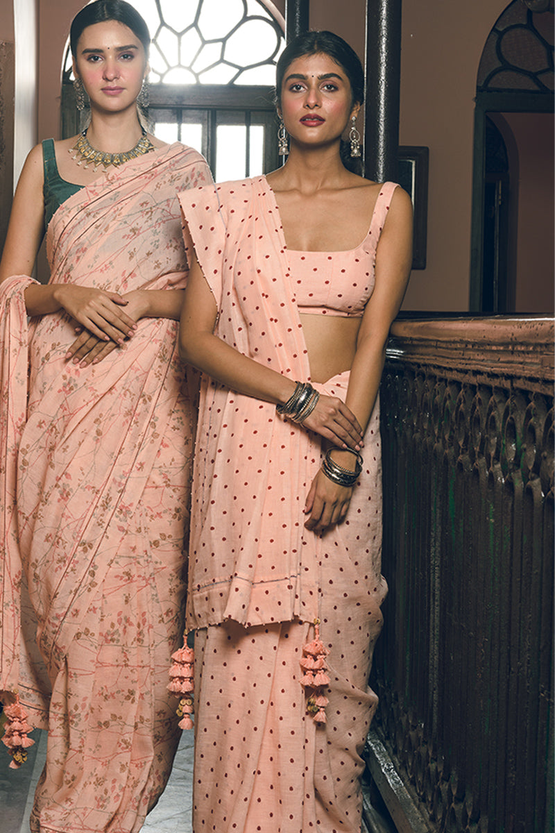 'Malini' Floral Polka Peach Linen Handloom Sari