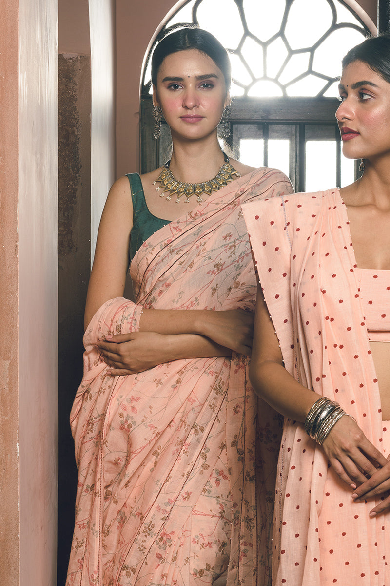 'Mayuri' Magnolia Peach Linen Handloom Sari