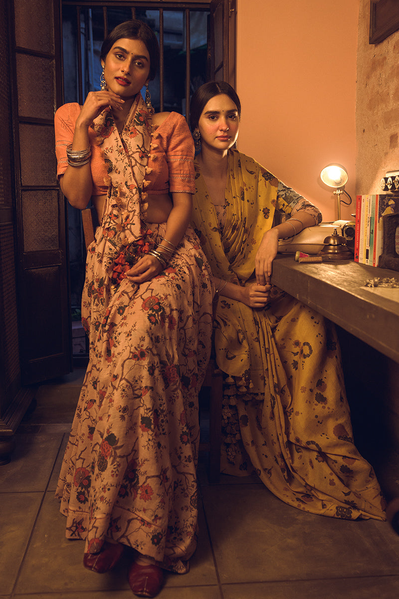 Forest Pattern Brown Linen Handloom Sari