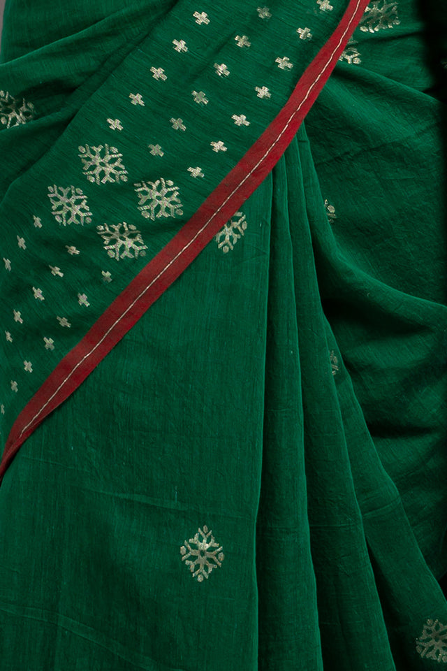 Forest Green Zari Jamdani Tussar Khadi Handloom Sari