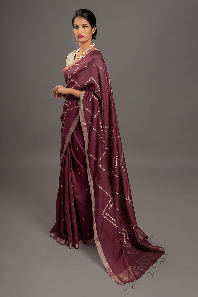 Burgandy Zari Jamdani Tussar Khadi Handloom Sari