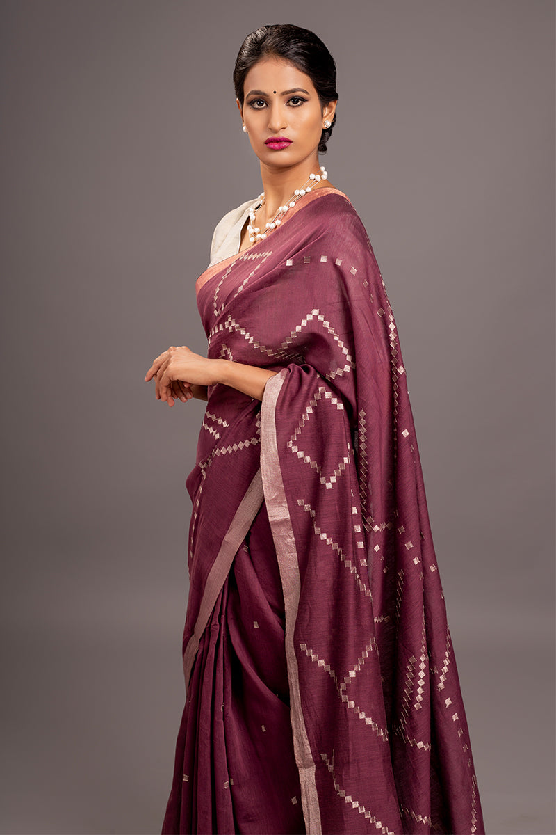 Burgandy Zari Jamdani Tussar Khadi Handloom Sari