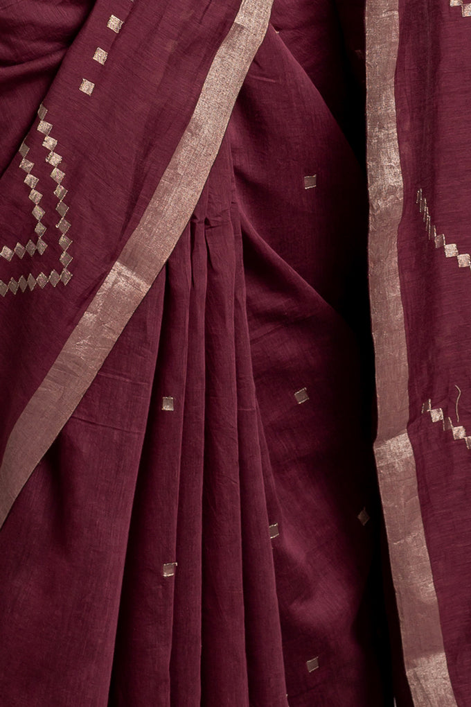 Burgandy Zari Jamdani Tussar Khadi Handloom Sari