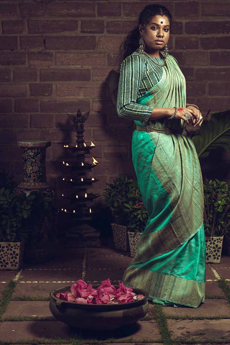 Sea Green Pure Tussar n Ghicha Handloom Sari