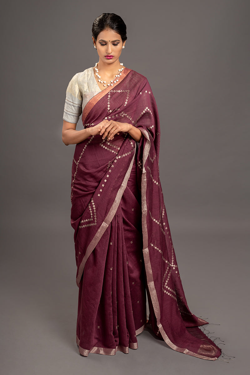 Burgandy Zari Jamdani Tussar Khadi Handloom Sari
